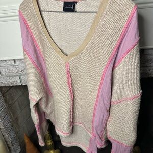 Urban Outfitters Cream and Pink V-Neck Sweater